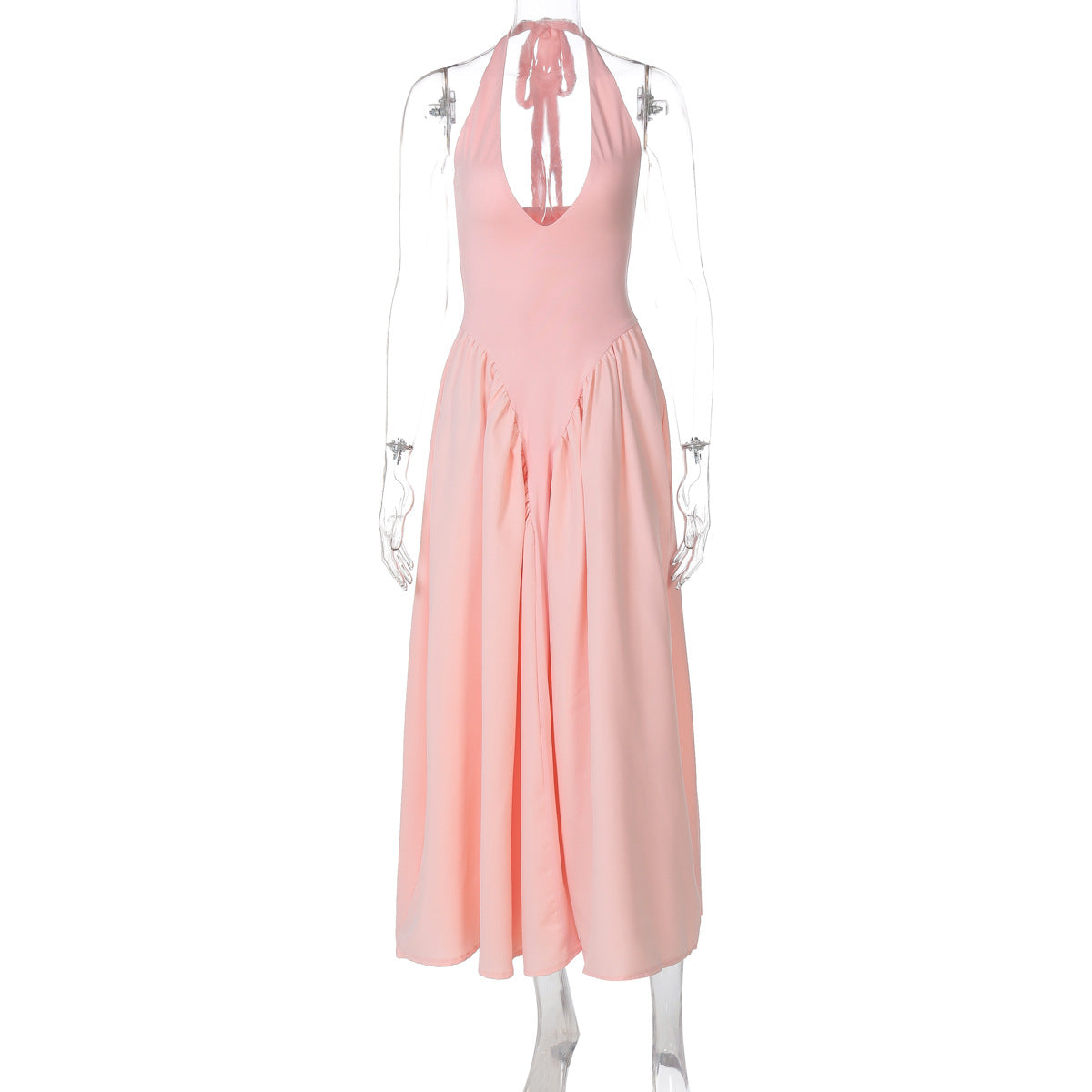 New solid color sexy deep V hollow halterneck temperament large swing skirt dress women's clothing - Seldom Seen Styles