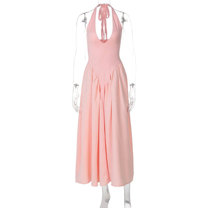 Nouvelle robe femme couleur unie sexy décolleté plongeant creux licou tempérament grande jupe évasée