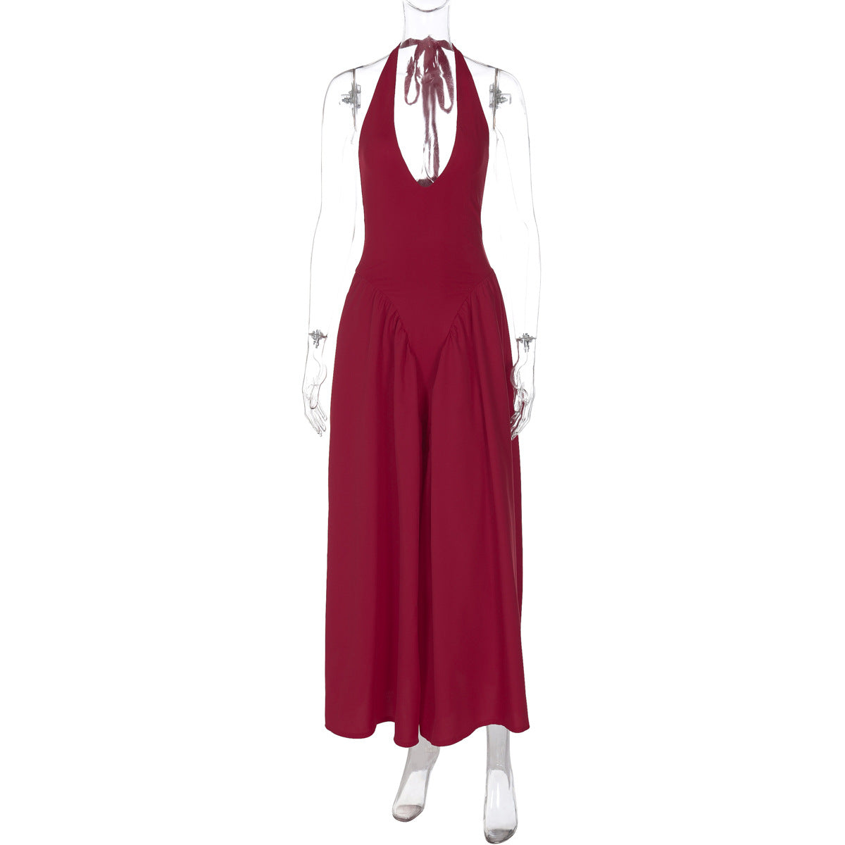 New solid color sexy deep V hollow halterneck temperament large swing skirt dress women's clothing - Seldom Seen Styles