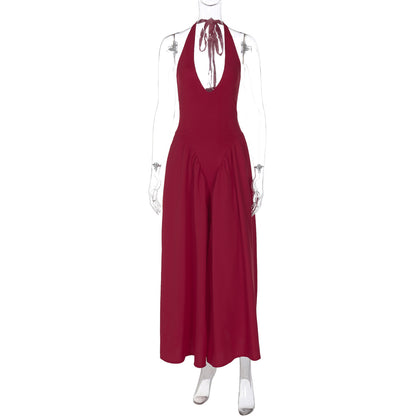 Nouvelle robe femme couleur unie sexy décolleté plongeant creux licou tempérament grande jupe évasée