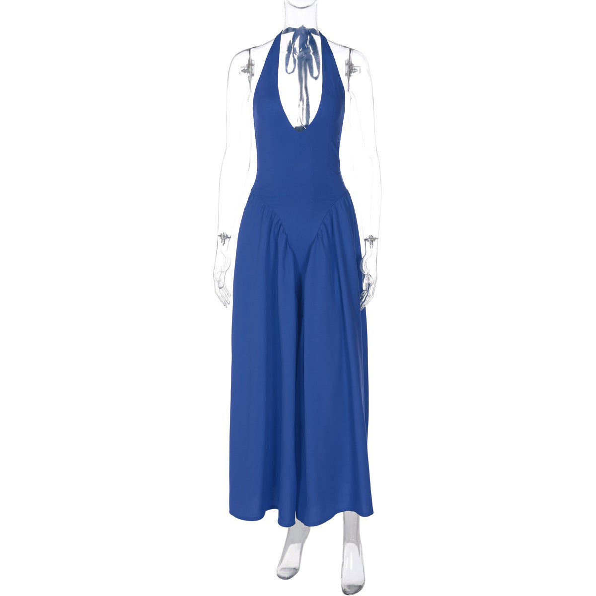 New solid color sexy deep V hollow halterneck temperament large swing skirt dress women's clothing - Seldom Seen Styles
