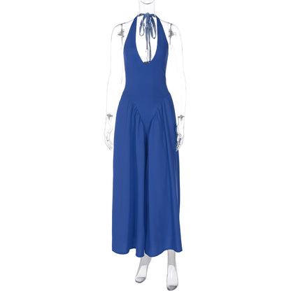 Nouvelle robe femme couleur unie sexy décolleté plongeant creux licou tempérament grande jupe évasée