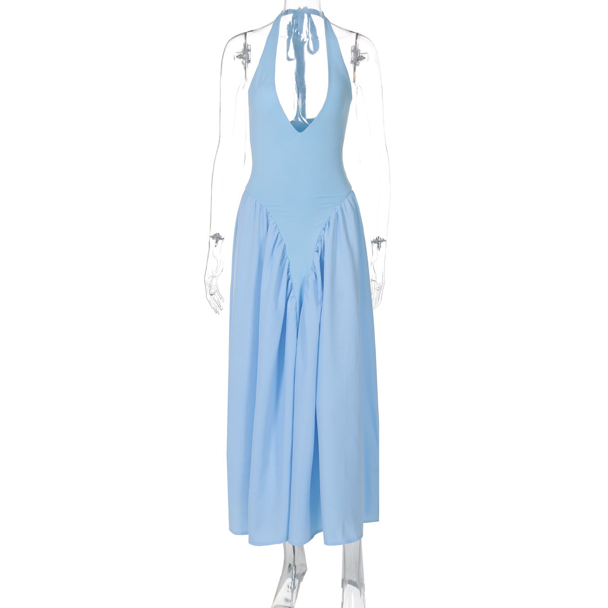 New solid color sexy deep V hollow halterneck temperament large swing skirt dress women's clothing - Seldom Seen Styles