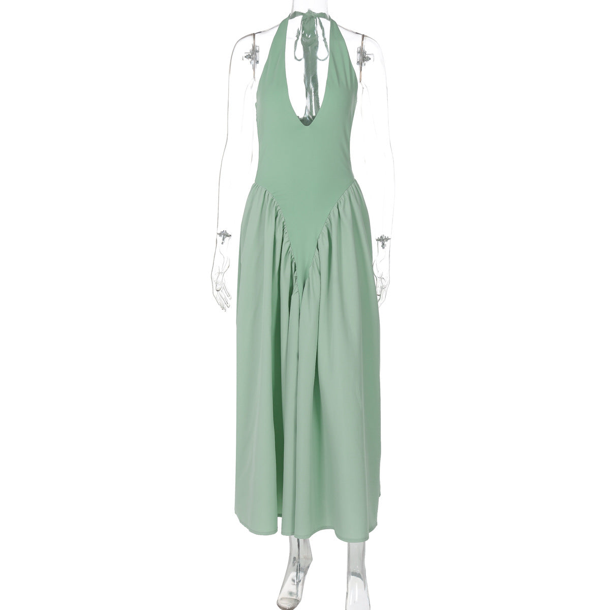 New solid color sexy deep V hollow halterneck temperament large swing skirt dress women's clothing - Seldom Seen Styles
