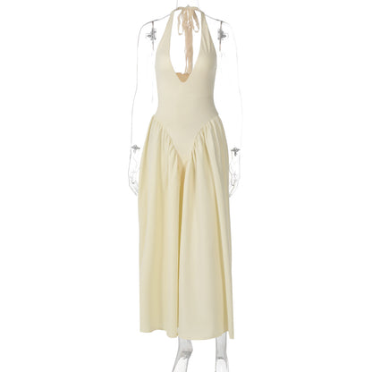 Nouvelle robe femme couleur unie sexy décolleté plongeant creux licou tempérament grande jupe évasée