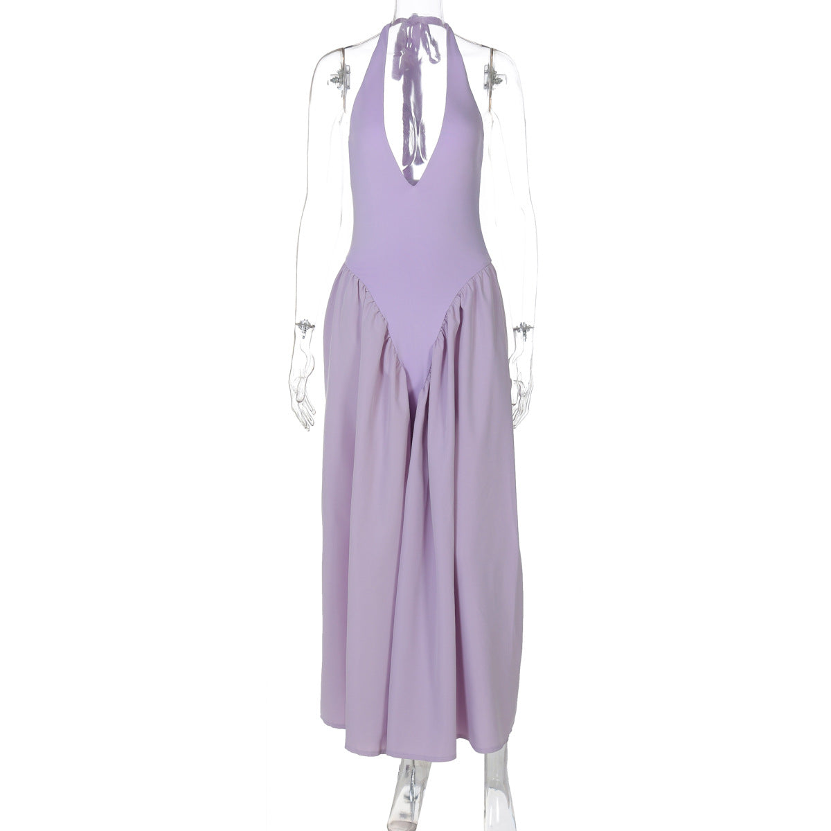 New solid color sexy deep V hollow halterneck temperament large swing skirt dress women's clothing - Seldom Seen Styles
