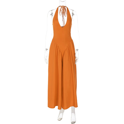 Nouvelle robe femme couleur unie sexy décolleté plongeant creux licou tempérament grande jupe évasée