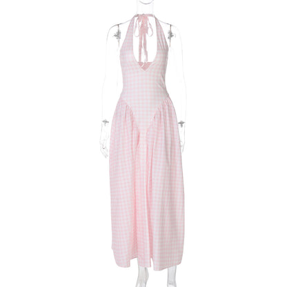 Nouvelle robe femme couleur unie sexy décolleté plongeant creux licou tempérament grande jupe évasée