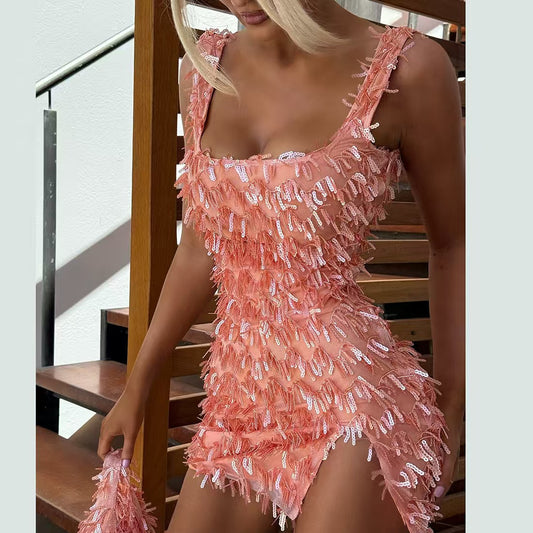 New suspender off-the-shoulder hip skirt with split ends and hairs, slim fit, pure desire temperament dress - Seldom Seen Styles