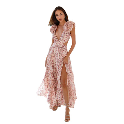 New women's clothing ins vacation dress hollow slim-fitting deep V ruffle edge floral backless dress