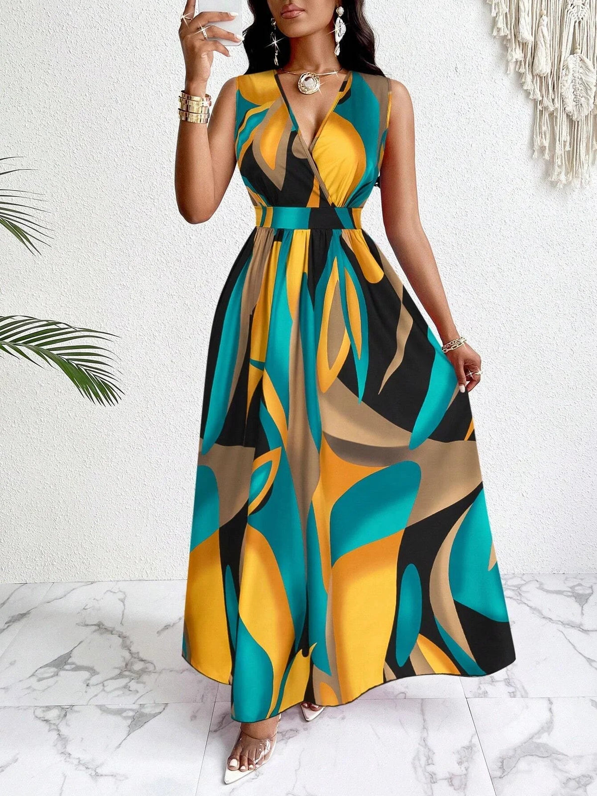 Nova | Women's V-Neck Sleeveless Abstract Print Maxi Dress - Seldom Seen Styles
