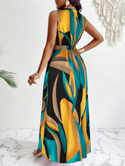 Nova | Women's V-Neck Sleeveless Abstract Print Maxi Dress
