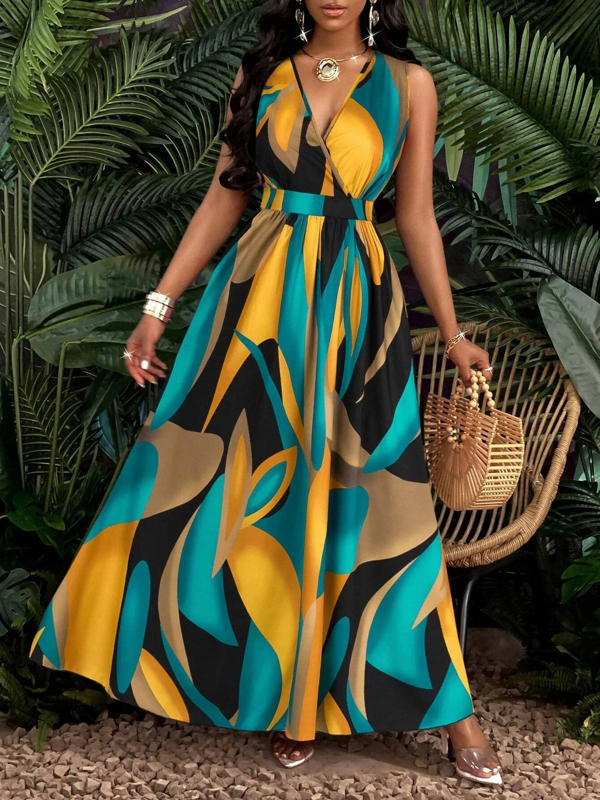 Nova | Women's V-Neck Sleeveless Abstract Print Maxi Dress - Seldom Seen Styles
