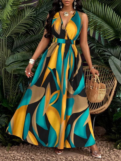 Nova | Women's V-Neck Sleeveless Abstract Print Maxi Dress