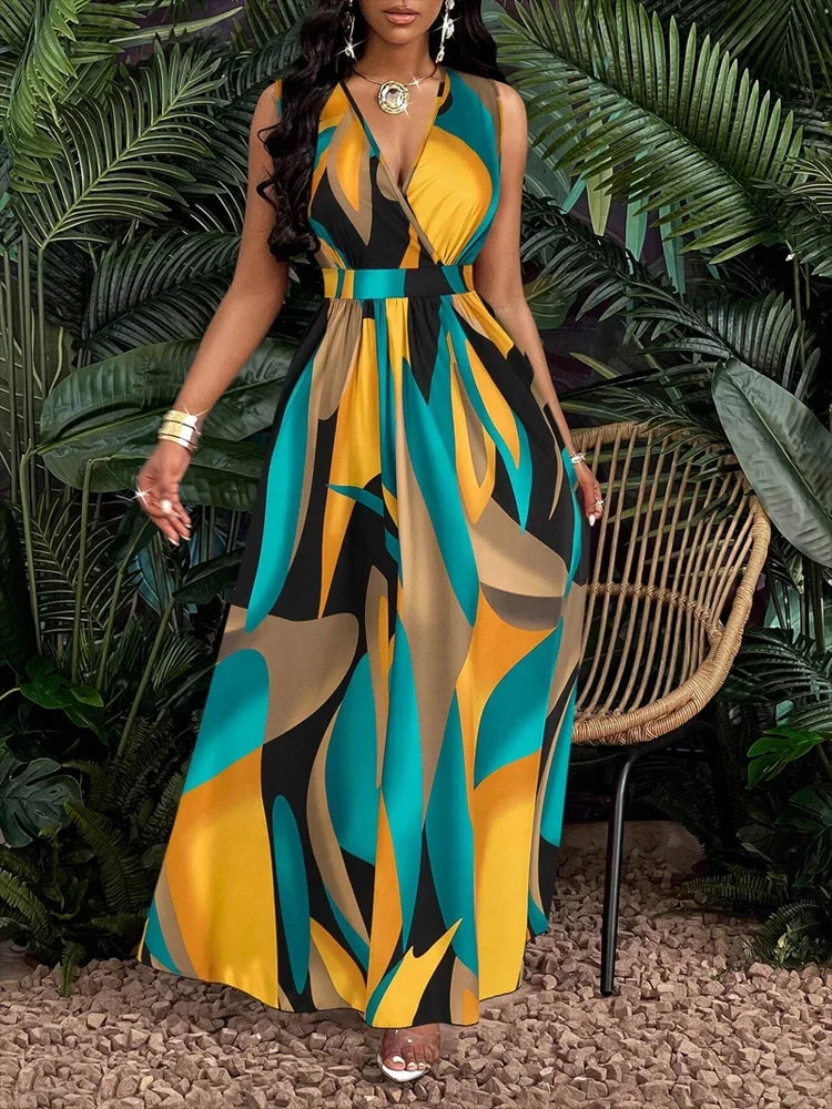 Nova | Women's V-Neck Sleeveless Abstract Print Maxi Dress - Seldom Seen Styles