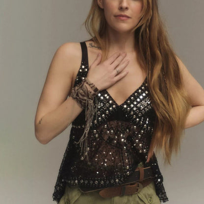 Women Y2K Sequin Mesh Tank Top Glitter Floral Embroidered Cami Crop Top Sleeveless Backless Rhinestone Camisole