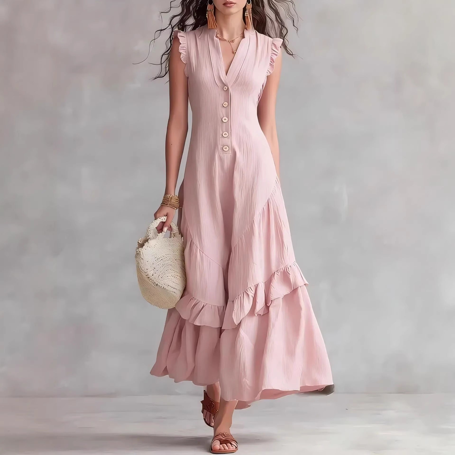 Women's Cotton Linen Maxi Dress Sleeveless V Neck Button Front Ruffle Hem Boho Summer Dress with Pockets - Seldom Seen Styles
