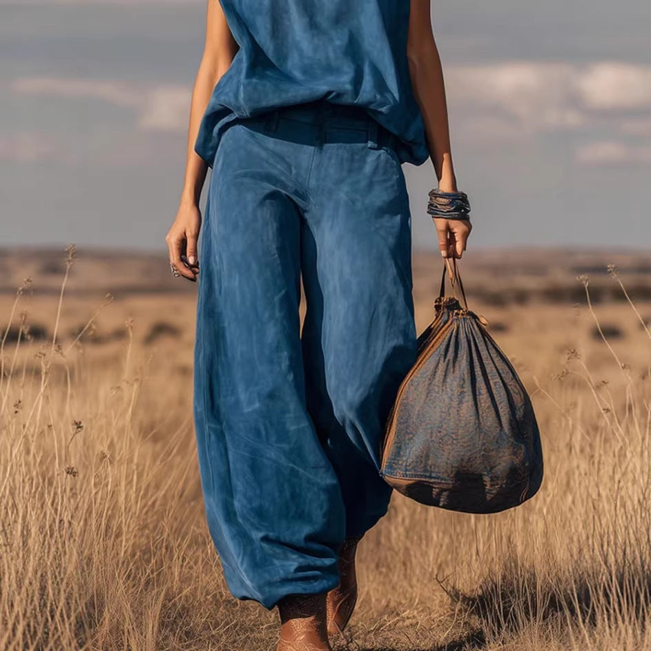 Women's Sleeveless Suede Wide Leg Two Piece Set Vest Top Flared Pants Outfit Fall Winter Casual Chic Plus Size - Seldom Seen Styles