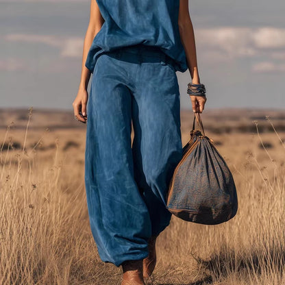Women's Sleeveless Suede Wide Leg Two Piece Set Vest Top Flared Pants Outfit Fall Winter Casual Chic Plus Size