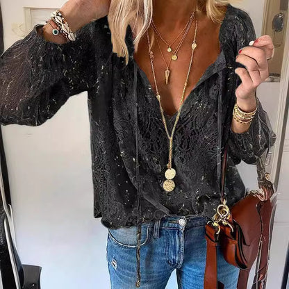 Women's Lace Blouse V Neck Long Sleeve Boho Top Floral Lace Peasant Shirt Casual Elegant Tunic