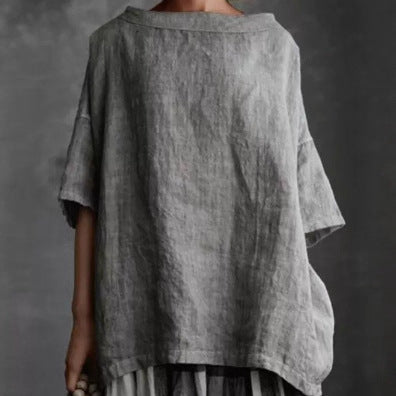 Women's Cotton Linen Round Neck Loose T-Shirt Casual Short Sleeve Solid Color Plus Size Top