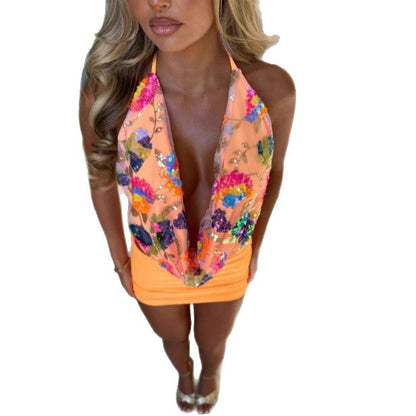 Nouveau débardeur sexy à col en V, dos nu, avec paillettes florales, élégant et décontracté