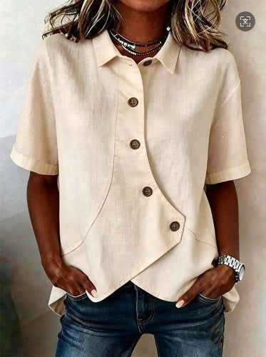 Women's Casual Solid Color Irregular Hem Button Up Short Sleeve Loose Top Summer Vacation Outfit - Seldom Seen Styles