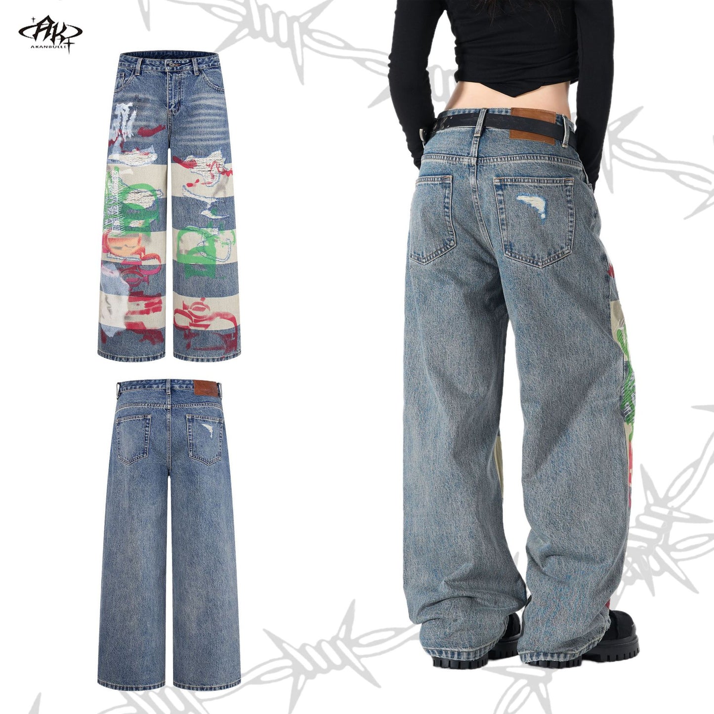 Graffiti Digital Spray Hole Patch Washed Heavy Straight Jeans Retro American Trendy Casual Denim Trousers | Spray Patch