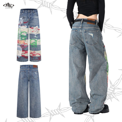 Graffiti Digital Spray Hole Patch Washed Heavy Straight Jeans Retro American Trendy Casual Denim Trousers | Spray Patch
