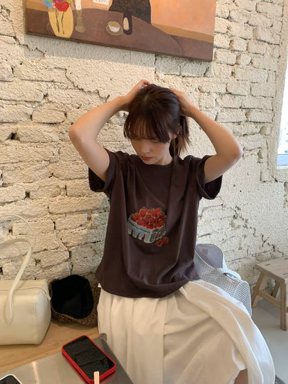 Französisches Erdbeer-Grafik-T-Shirt – Süßes Ästhetisches Oversized Sommer T-Shirt für Damen