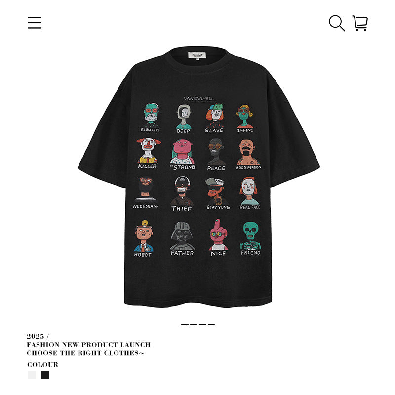 VANCARHELL 16-Grid Cartoon Avatars Graphic Tee