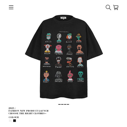 VANCARHELL 16-Grid Cartoon Avatars Graphic Tee