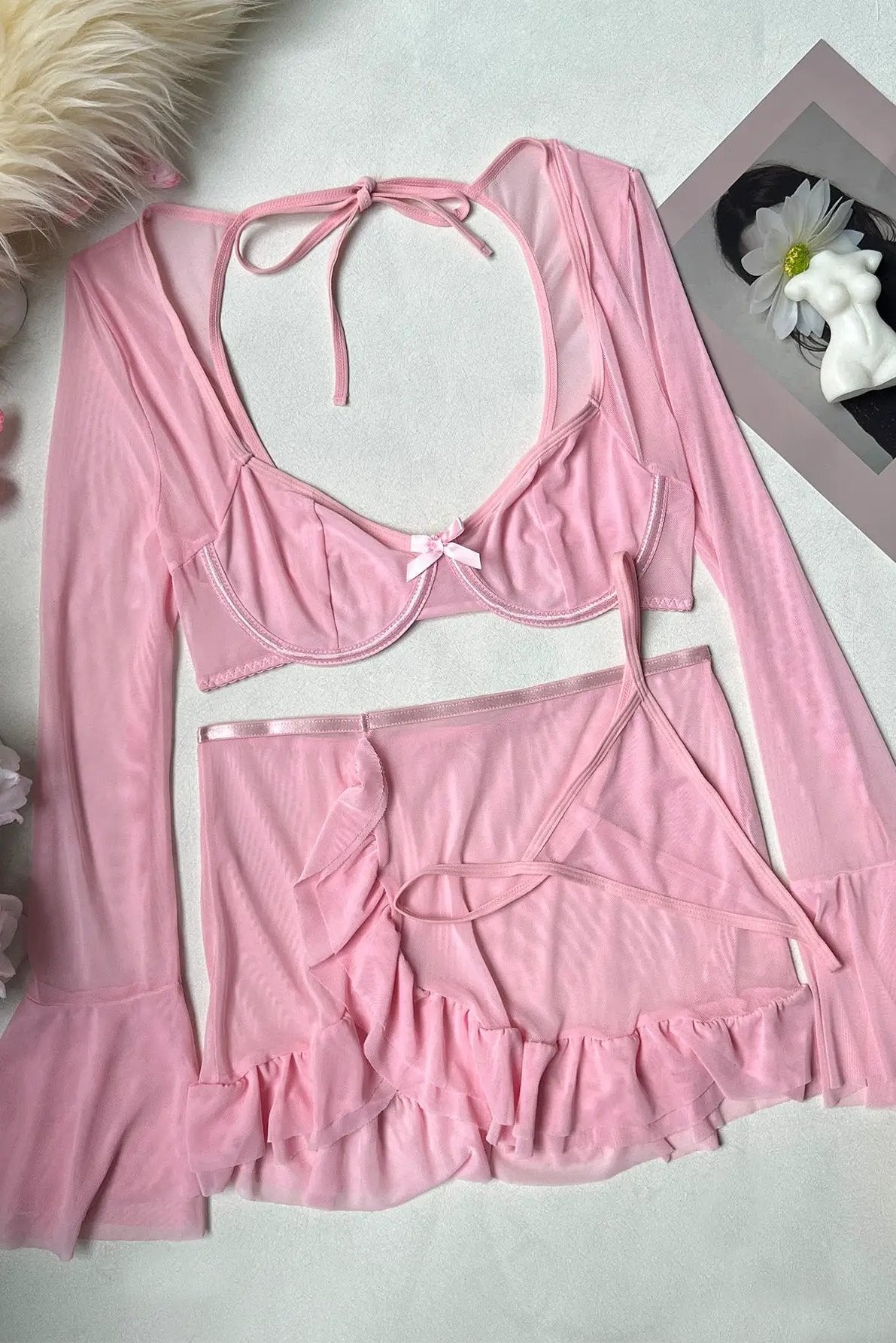 Pink Sheer Mesh Long Sleeves Wired Bra Thong Skirt Sexy 3Pc Lingerie Set