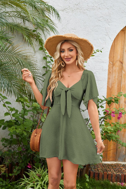 Women's V Neck Mini Dress Flutter Sleeve Tie Front Summer Dress