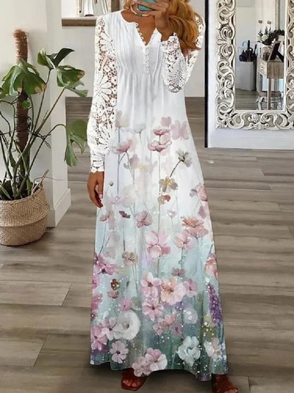 Women's Lace Maxi Dress Long Sleeve Boho Spring Summer Casual Dress