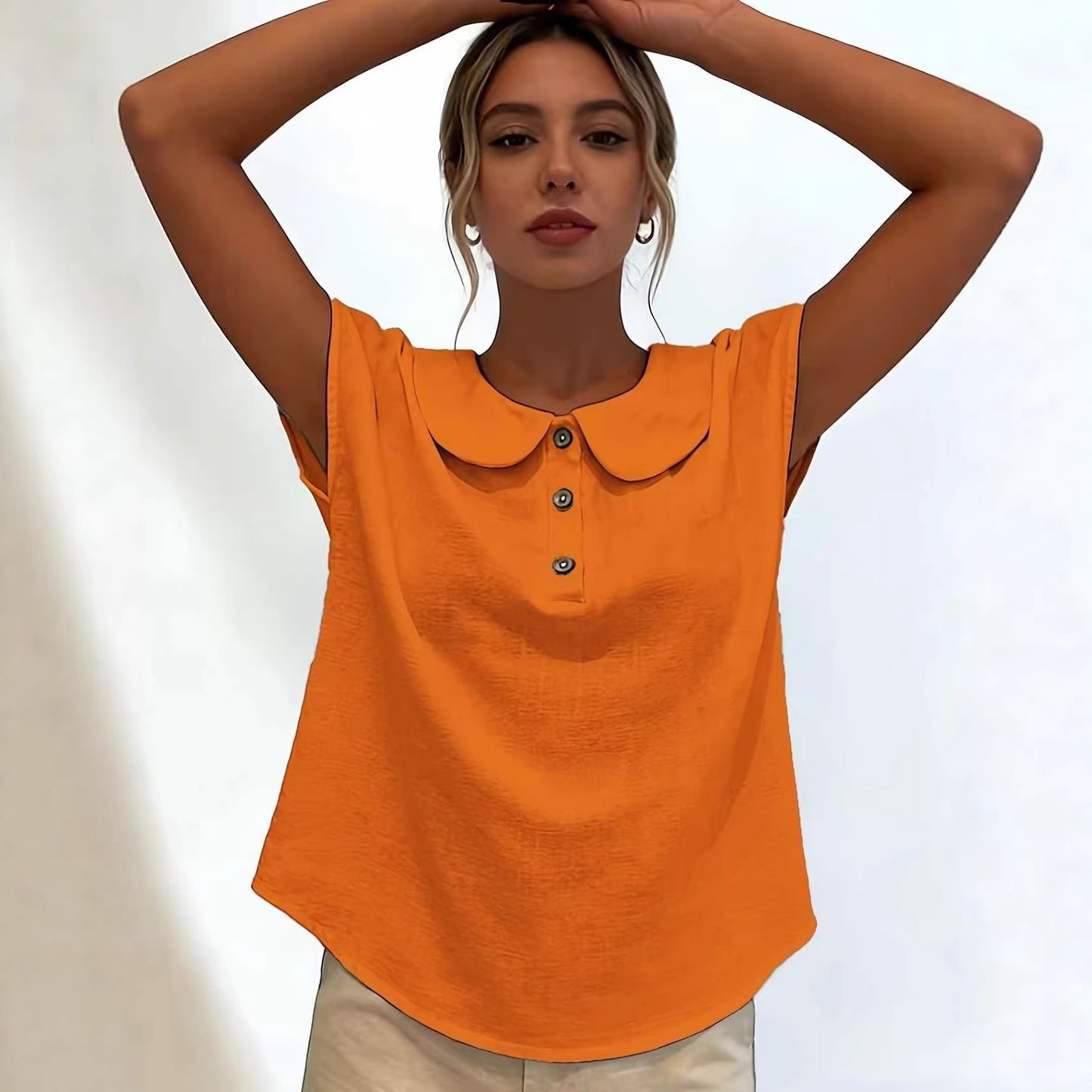 Women's Solid Color Short Sleeve Lapel Button-Up Top Shirt Casual Summer Beach Vacation - Seldom Seen Styles