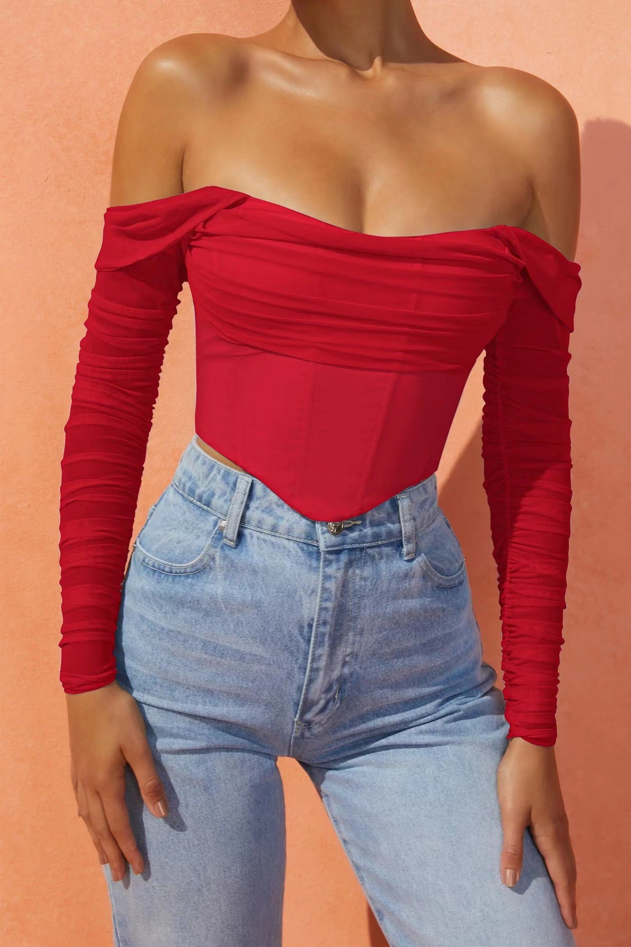 Women's clothing autumn and winter mesh yarn fish bone perspective one-word collar exposed navel short long-sleeved top women - Seldom Seen Styles