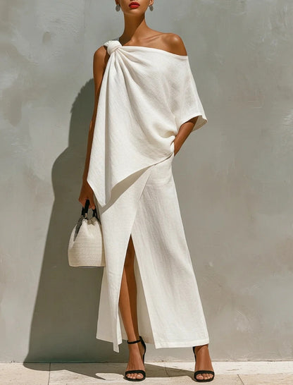 Women's One Shoulder Knot Front Slit Irregular Two Piece Set Solid Color Summer Vacation Outfit