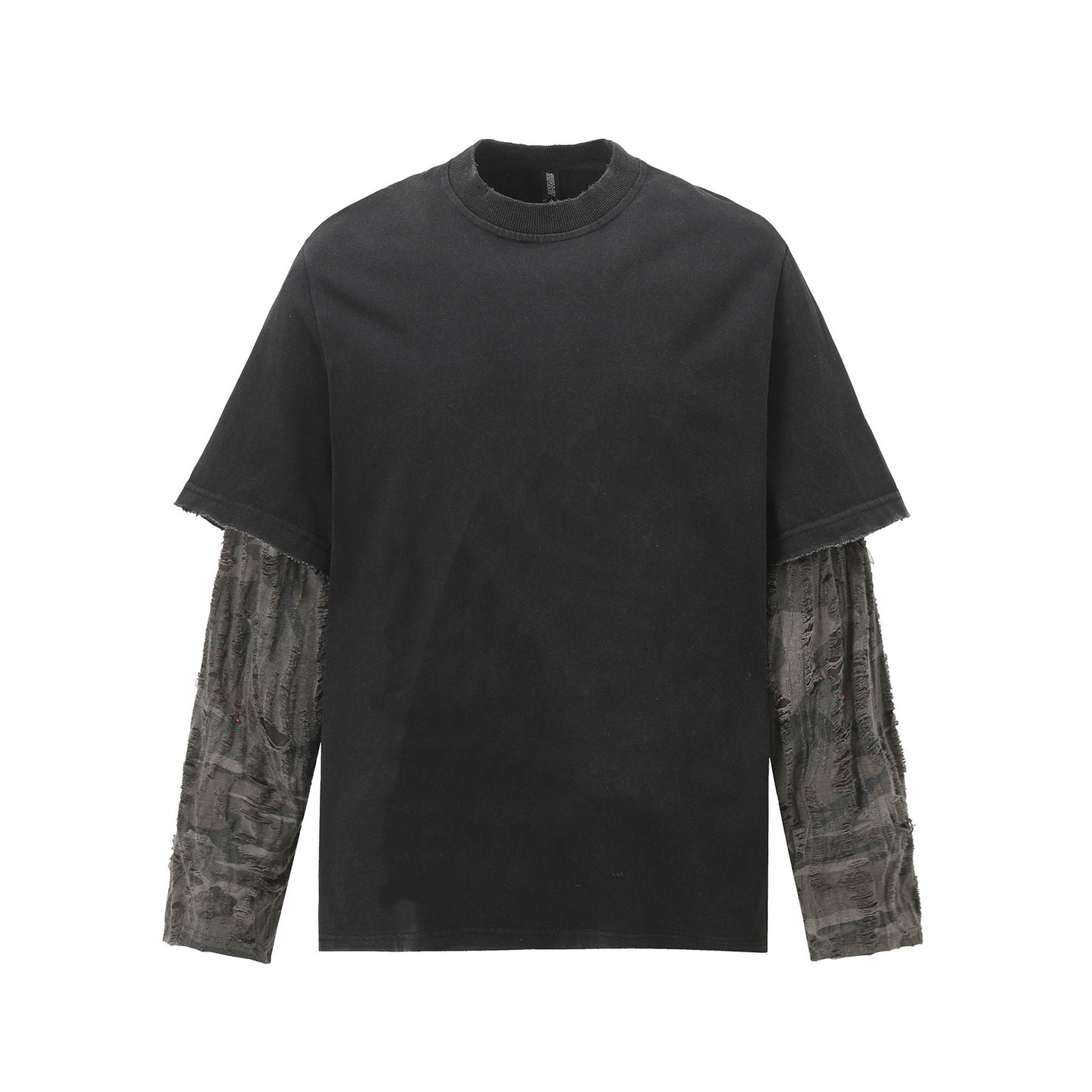 Faux Two-Piece Distressed Camo Sleeve Long Sleeve Tee - Washed Black