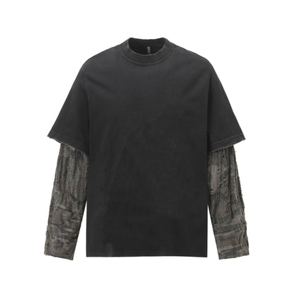 Faux Two-Piece Distressed Camo Sleeve Long Sleeve Tee - Washed Black