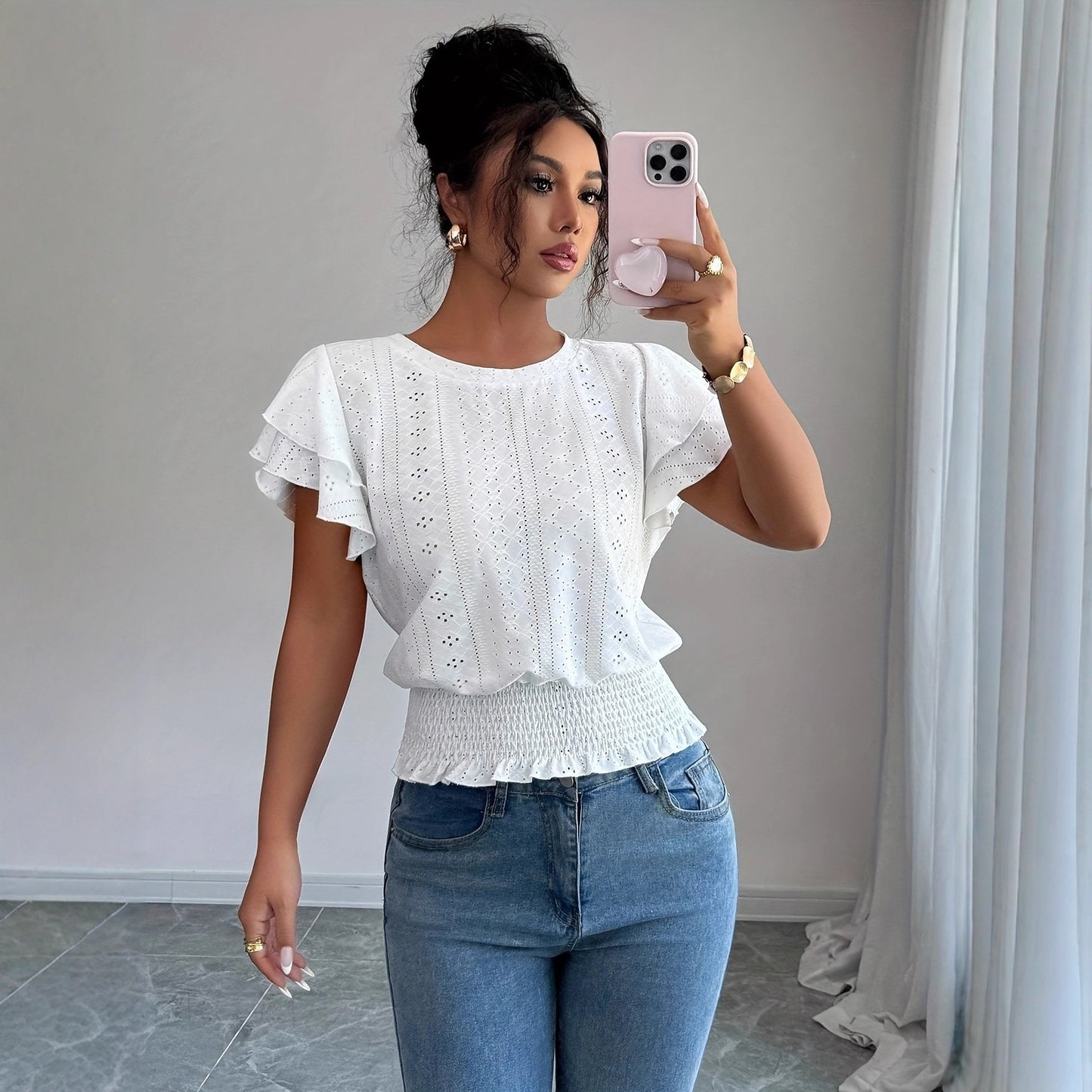 Women's Eyelet Flutter Sleeve Blouse Crew Neck Smocked Hem Casual Summer Top - Seldom Seen Styles