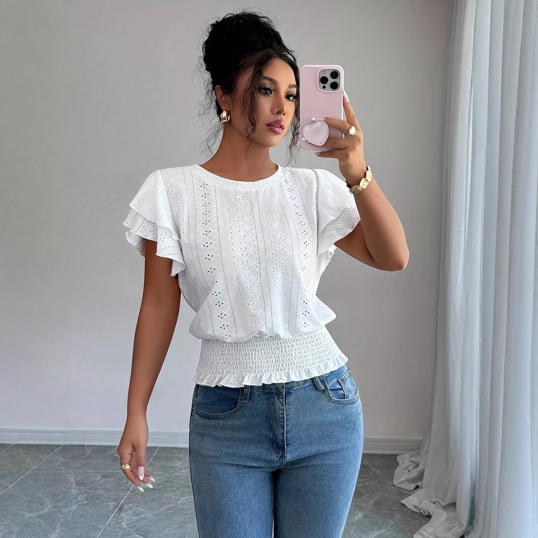 Women's Eyelet Flutter Sleeve Blouse Crew Neck Smocked Hem Casual Summer Top - Seldom Seen Styles