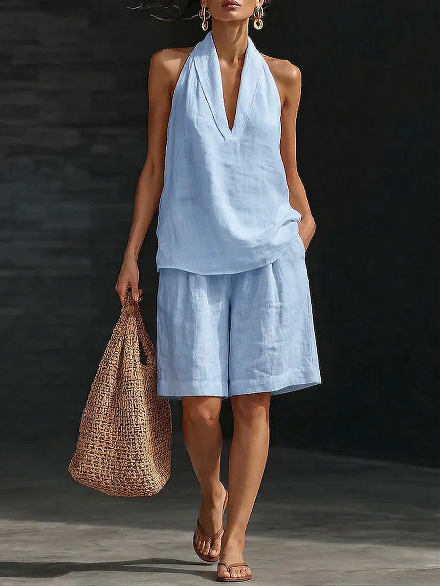Women's Linen Blend Halter Neck Top and Shorts Set Casual Summer Two Piece Resort Outfit