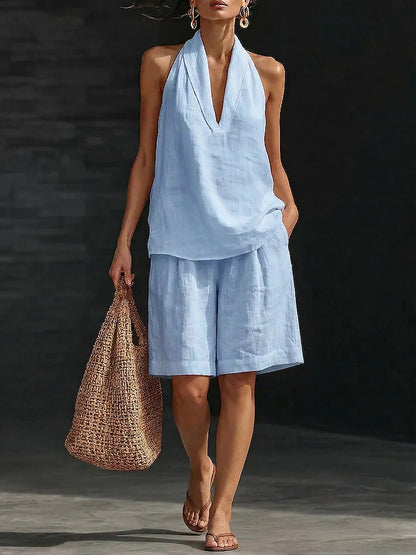 Women's Linen Blend Halter Neck Top and Shorts Set Casual Summer Two Piece Resort Outfit