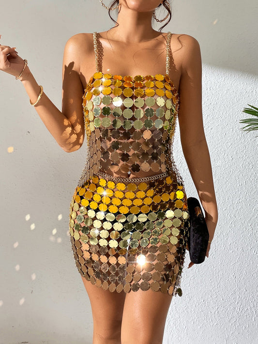 Women's Gold Multicolor Sequin Two Piece Set Cami Top Mini Skirt Sparkle Glitter Clubbing Birthday Party Night Out Outfit Set - Seldom Seen Styles