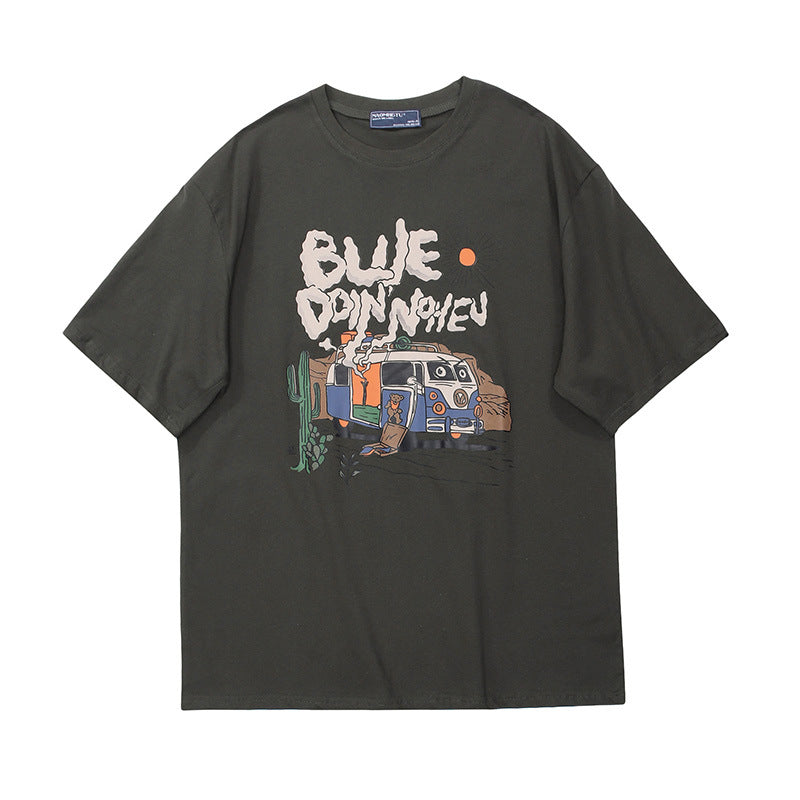 Crew Neck Short Sleeve Desert Road Trip Graphic Print T-Shirt Loose Oversized Retro Illustration Casual Summer Top | Desert Van