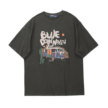 Crew Neck Short Sleeve Desert Road Trip Graphic Print T-Shirt Loose Oversized Retro Illustration Casual Summer Top | Desert Van