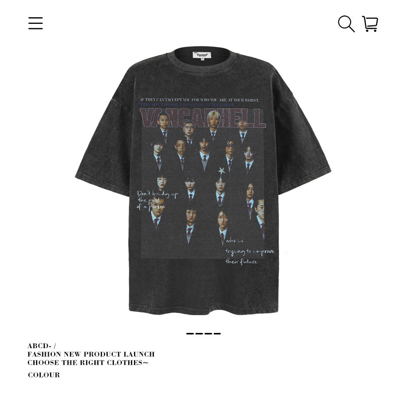 VANCARHELL 16-Grid Cartoon Avatars Graphic Tee
