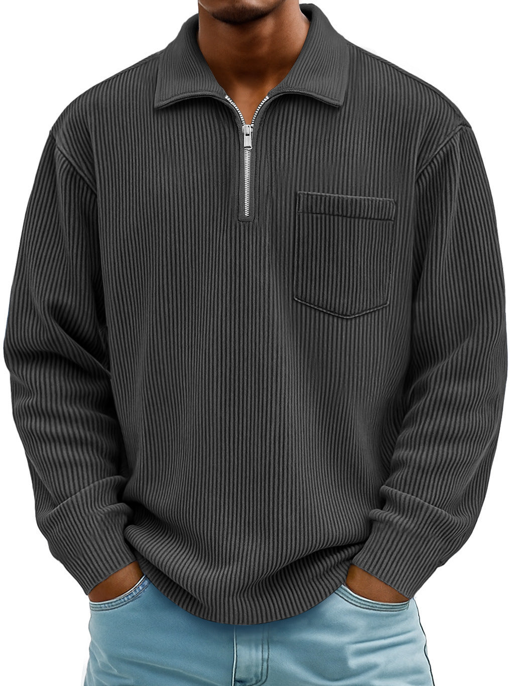 Men's Ribbed Quarter Zip Pullover Sweater Casual Long Sleeve Knit Polo Sweatshirt with Pocket