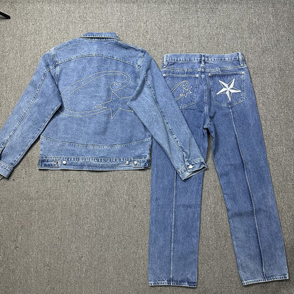 Alcatraz Denim Jacket and Jeans Set Vintage Washed Streetwear Two Piece Outfit Unisex High Street Denim Suit